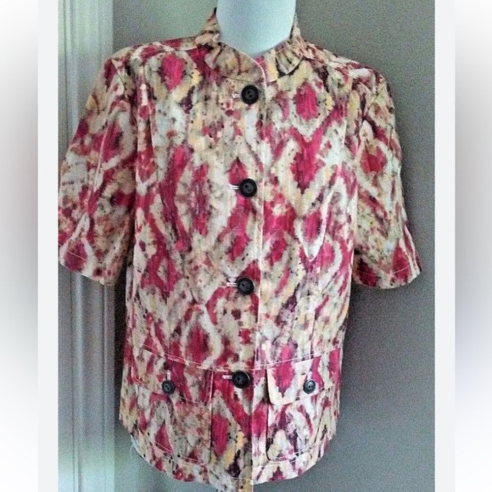 Chicos Sz 3 - XL Colorful watercolor batik Patterned Button-Up linen jacket